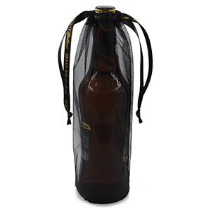 Branded Organza Wine Bottle Bags with Round Bottom and Gold Foil Logo on the Ribbon