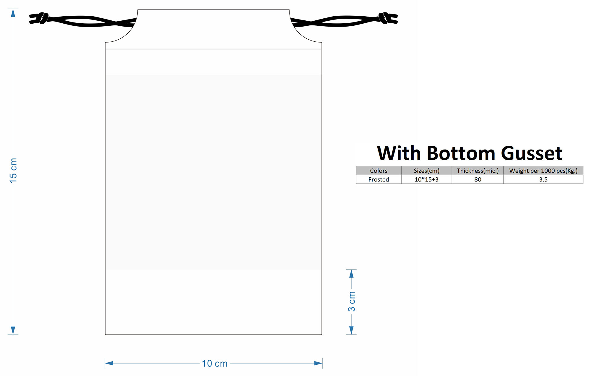 Technical drawing for plastic drawstring bag with gusset