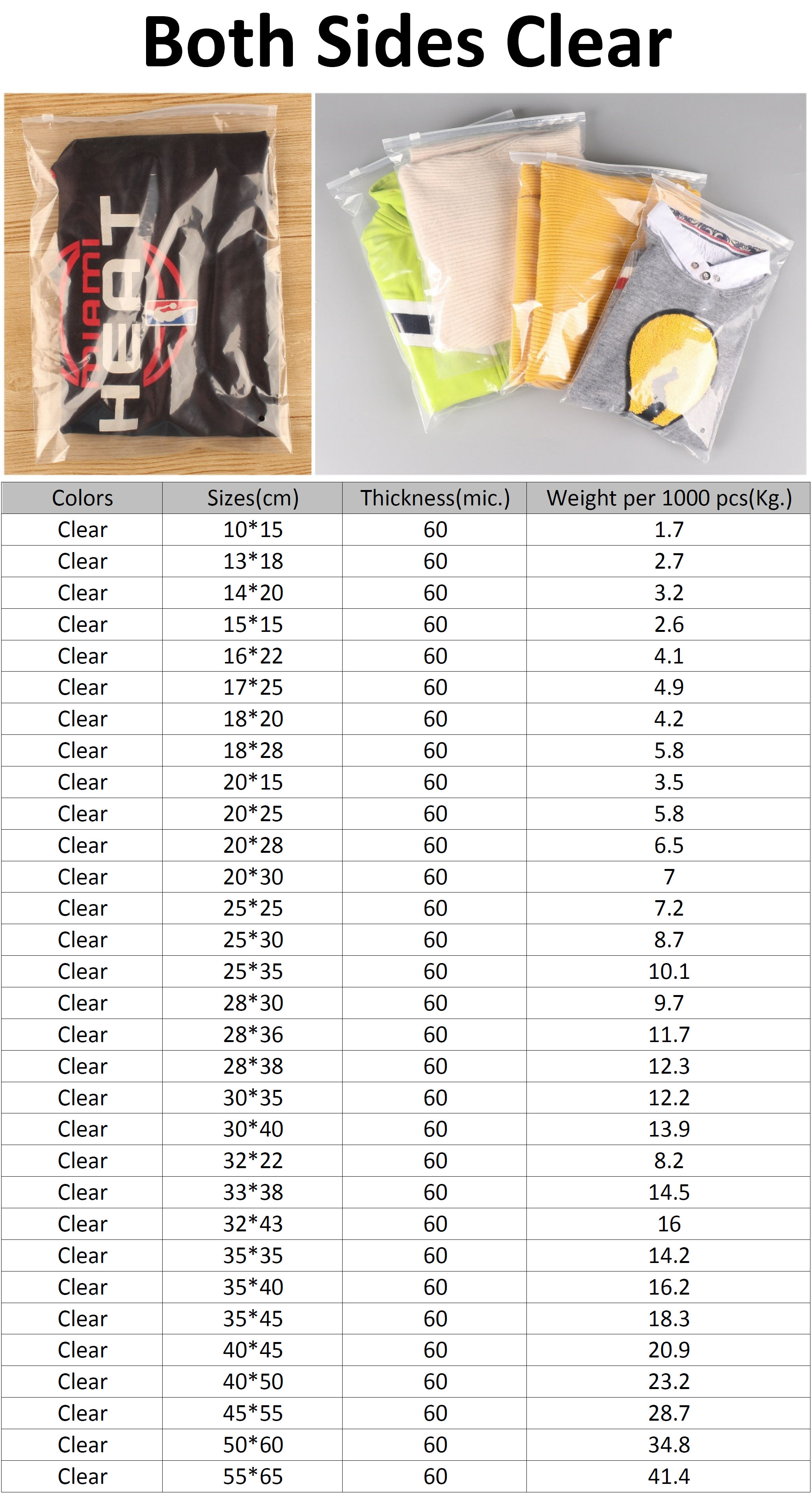 Plastik-Slider-Beutel, Standardgrößen und -farben – beidseitig transparent 