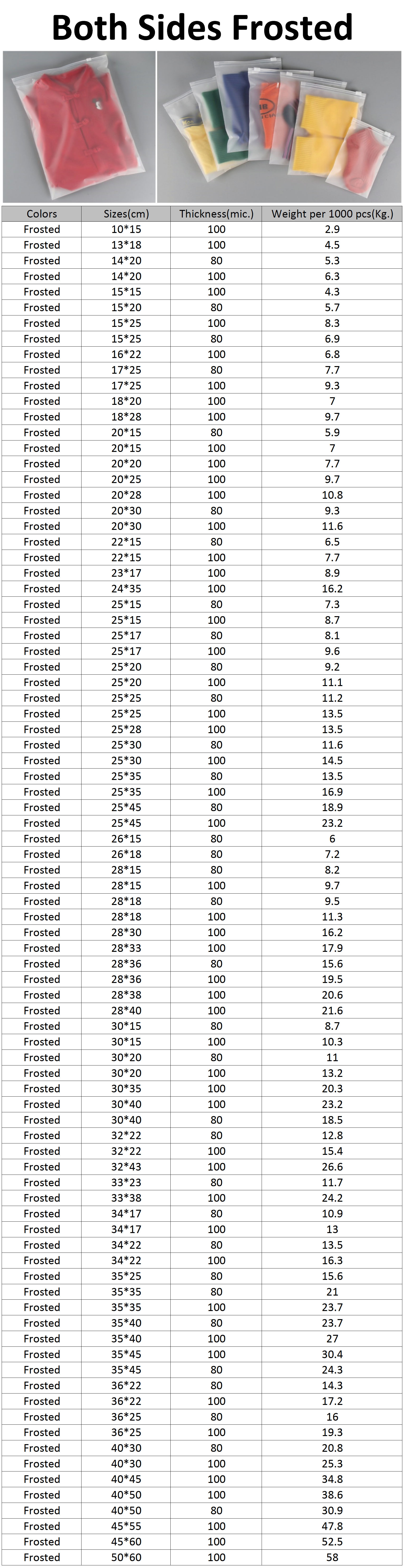Plastic Slider Bags Stock Sizes and Colors - Both Sides Frosted