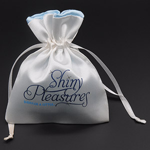 White satin bag with blue satin lining, with satin ribbon drawstring.