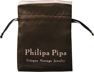 Dark brown satin bag with pink satin lining, with ribbon drawstring.