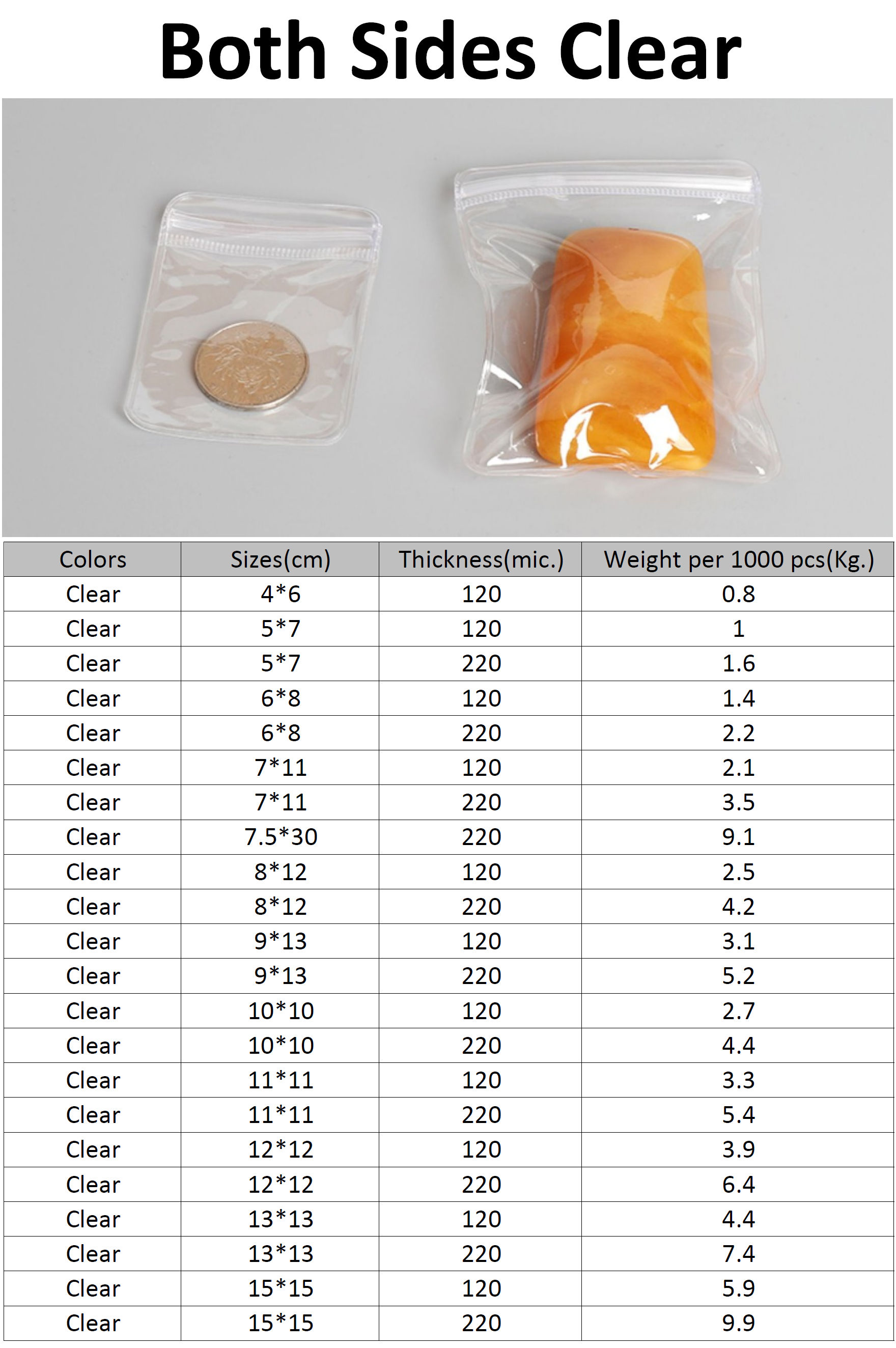 Tamaños y colores en inventario de bolsas ziploc de PVC - ambos lados transparentes