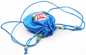 Round Satin Neck Drawstring Bags with Multicolored Custom Embroidery, Blue