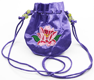 Round Satin Neck Drawstring Bags with Multicolored Embroidery, Purple