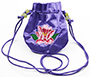 Round Satin Neck Drawstring Bags with Multicolored Custom Embroidery, Purple