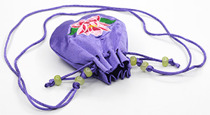 Round Satin Neck Drawstring Bags with Multicolored Embroidery, Purple