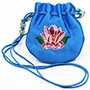 Round Satin Neck Drawstring Bags with Multicolored Custom Embroidery, Blue