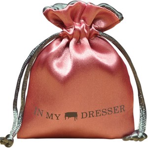 Pink satin bag with grey satin lining, with satin rattail drawstring.