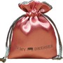 Pink satin bag with grey satin lining, with satin rattail drawstring.