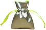 Silver satin bag with grass green lining, with ribbon drawstring.