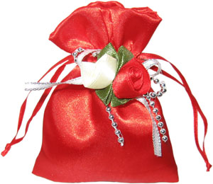 Satin Gift Bags with Double Rosettes for Wedding Favors, Red