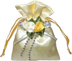 Satin Gift Bags with Double Rosettes for Wedding Favors, Gold