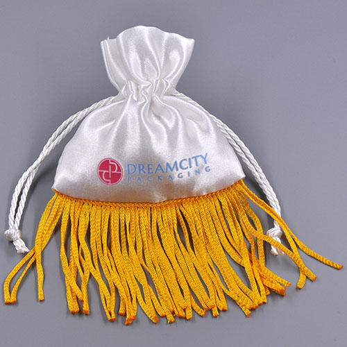 Satin Jewelry Gift Pouch with Golden Fringe and Custom Logo