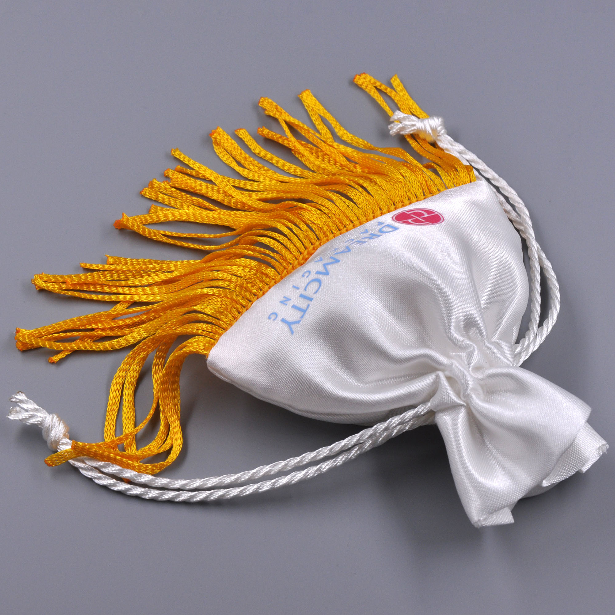 Satin Jewelry Gift Pouch with Golden Fringe and Custom Logo