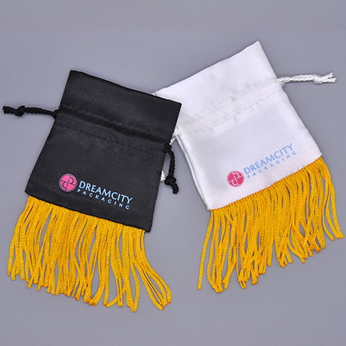 Satin Jewelry Gift Pouch with Golden Fringe and Custom Logo