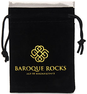Satin lined velvet pouch with custom gold foil hot-stamping.