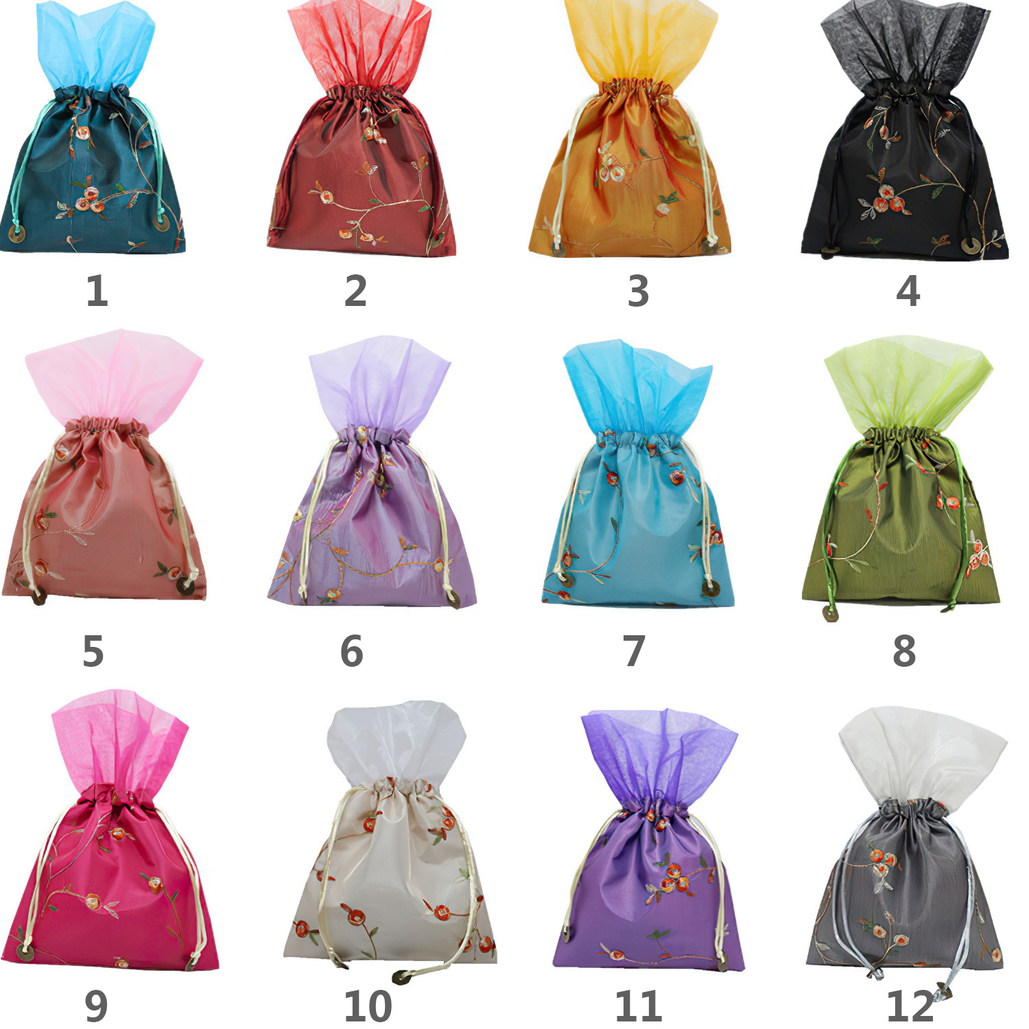 Silk Brocade Pouch with Organza Top Wholesale, Stocked Sizes and Colors
