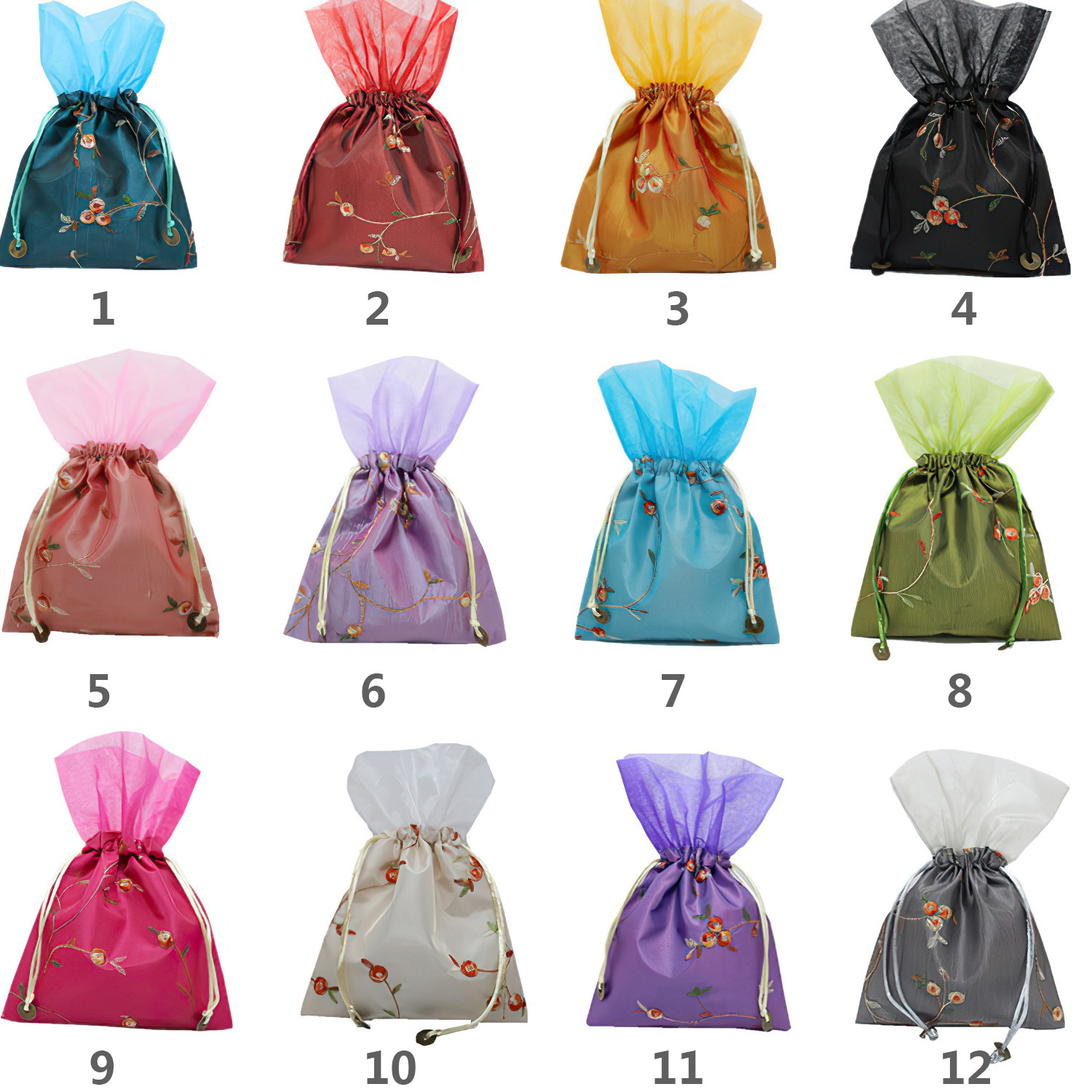 Pouch in broccato di seta con top in organza all'ingrosso, taglie e colori in stock