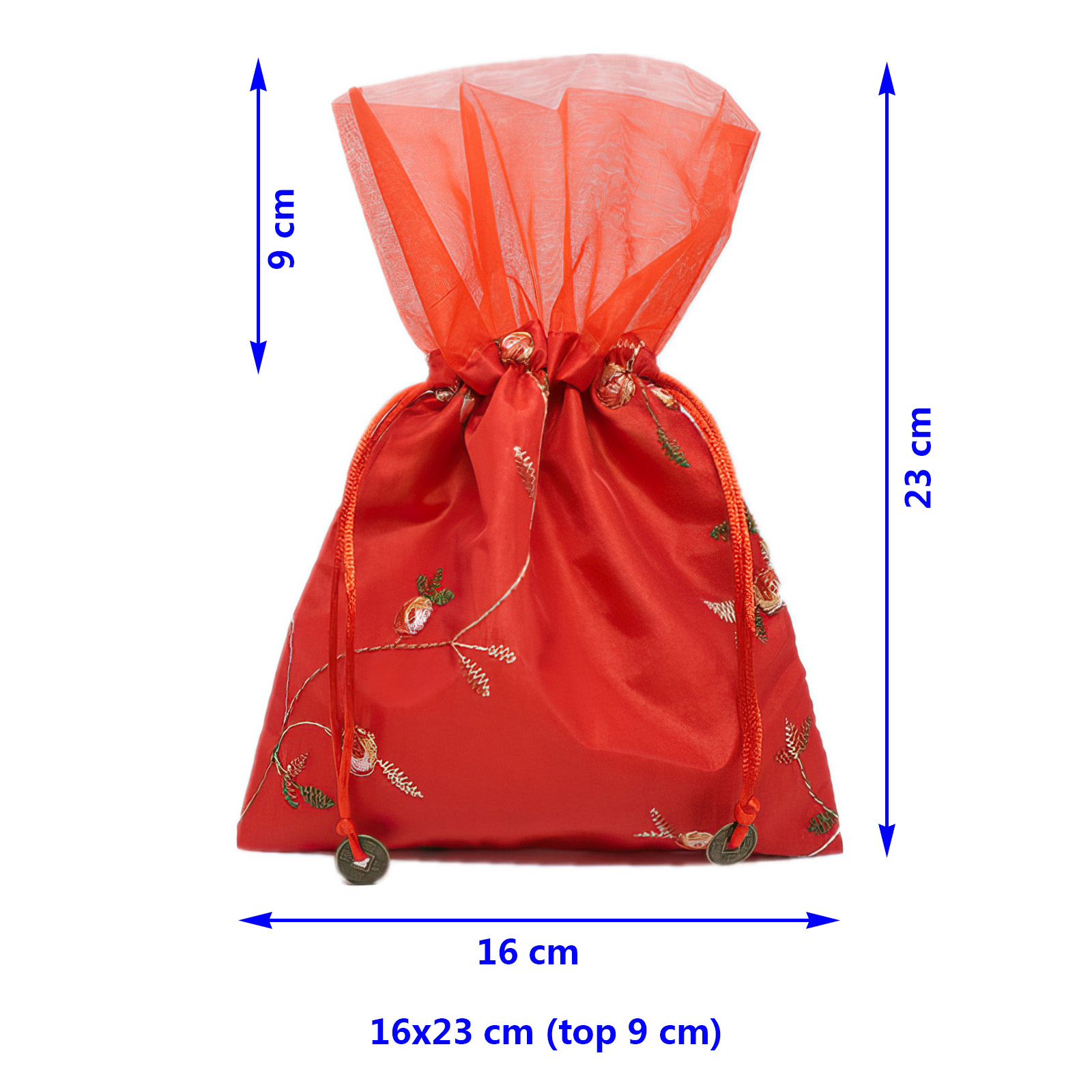 Bolsa de brocado de seda com top de organza no atacado, diagrama de tamanhos