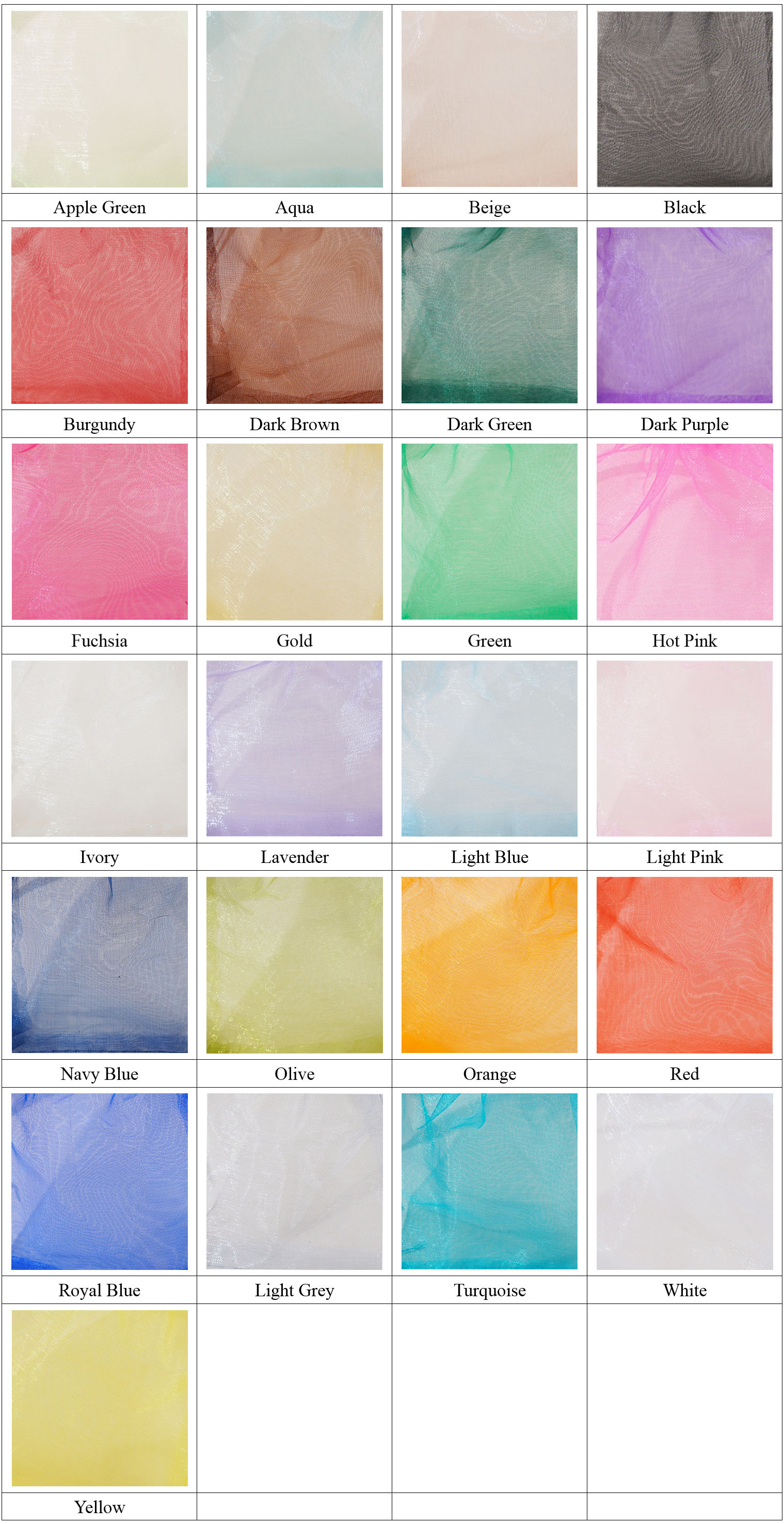 Colores en stock para bolsas de organza lisas