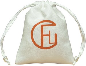 White suede bag with gold logo and drawstring