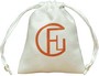 White suede bag with gold logo and drawstring