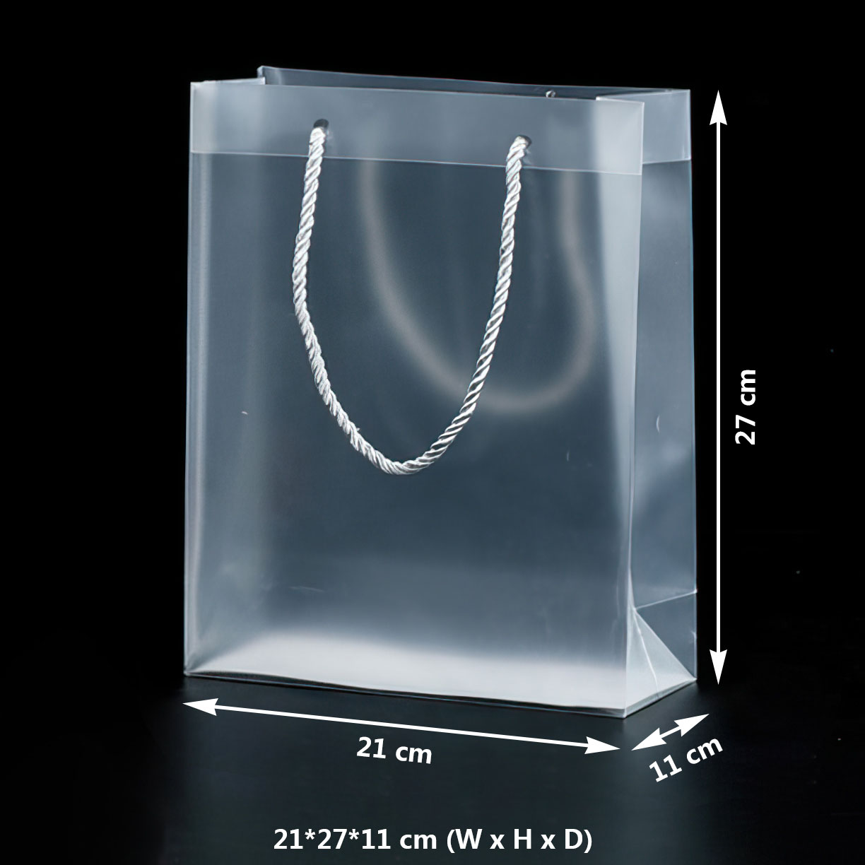 Translucent PP Carry Gift Bags with Rope Handle Wholesale, Size Diagram.