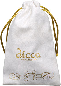 White suede bag with gold logo and drawstring