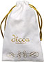 White suede bag with gold logo and drawstring