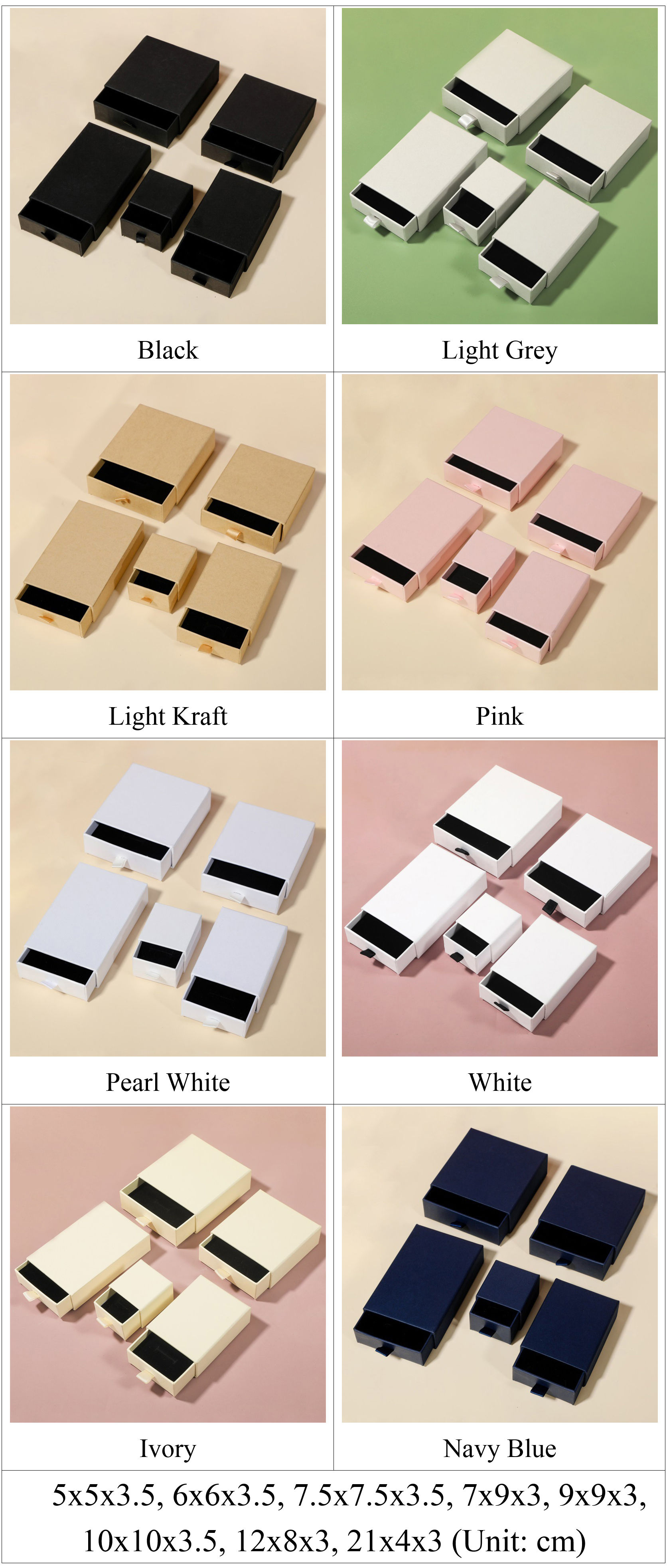 Großhandels-Schubladenbox aus Papier für Schmuck, vorrätige Farben und Größen.